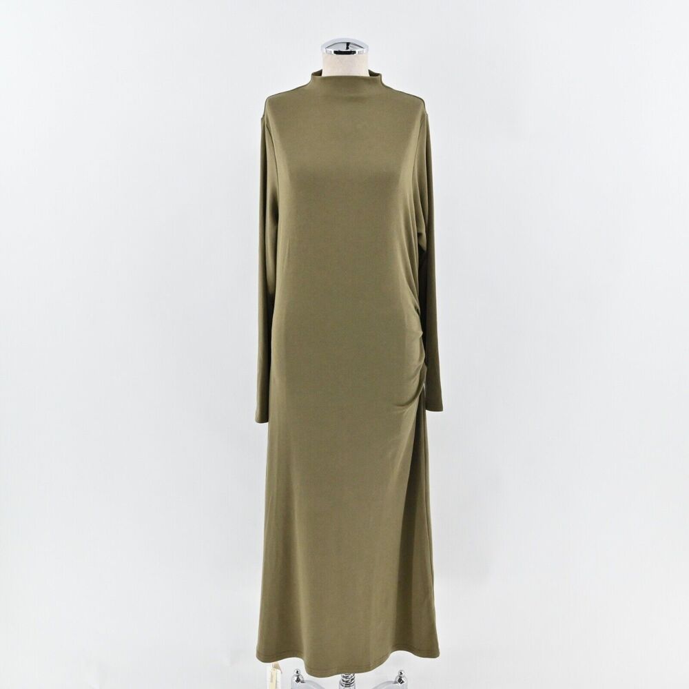 OGL Dress Size 2XL Green Heat Tech Mock Neck‎ Long Sleeve Ruched Tucks Midi NEW